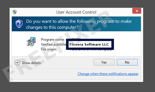 Screenshot where Flexera Software LLC appears as the verified publisher in the UAC dialog